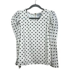 Valencia and Vine Womens Polka Dot‎ Blouse Puffed Long Sleeves Zip White Black S
